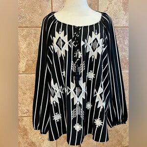 Savannah Jane Black & White Peasant Top With Aztec Embroidery Size 1X